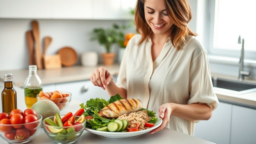 Woman preparing a balanced meal with fresh vegetables and lean protein in a kitchen