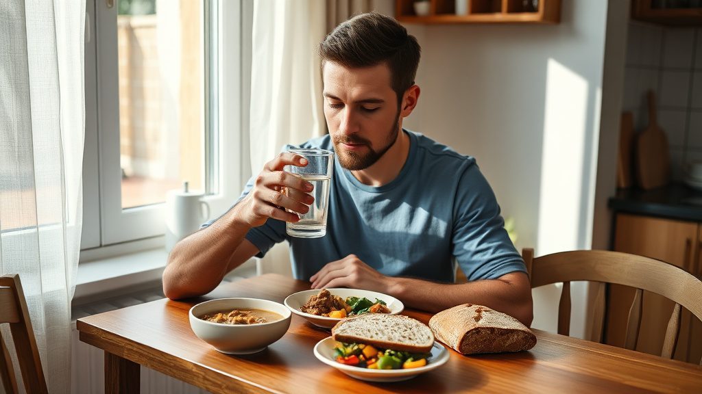 Man drinking water at dining table with a simple home cooked nutritious meal