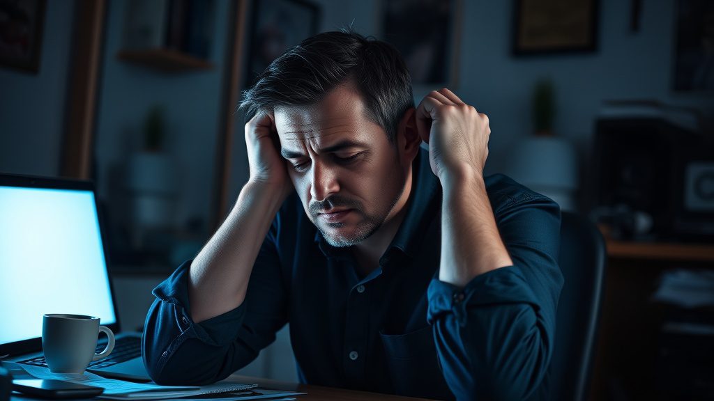 Stressed man at desk late at night with laptop glow and tense posture