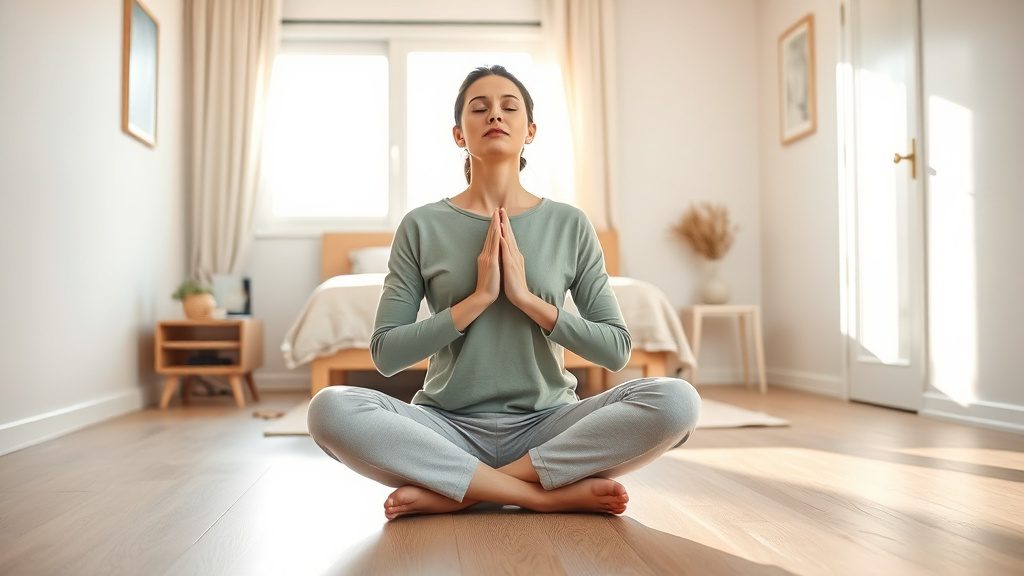 Young woman practicing deep breathing exercises on bedroom floor for better sleep