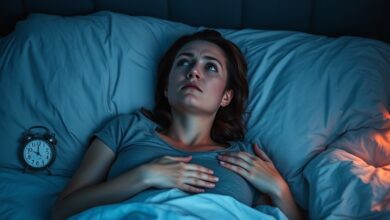 Woman lying awake at night showing the effects of stress and sleep problems