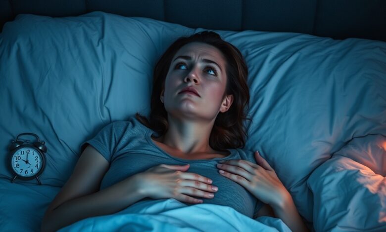 Woman lying awake at night showing the effects of stress and sleep problems