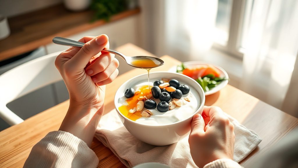 Greek yogurt bowl with blueberries and almonds for natural energy support