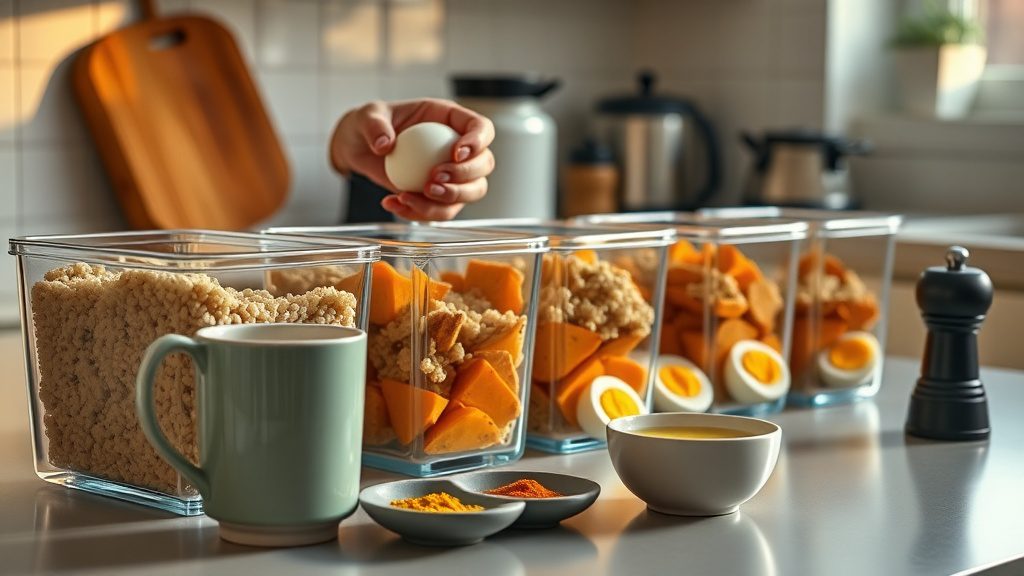 Meal prep containers with quinoa sweet potatoes and eggs for healthy eating