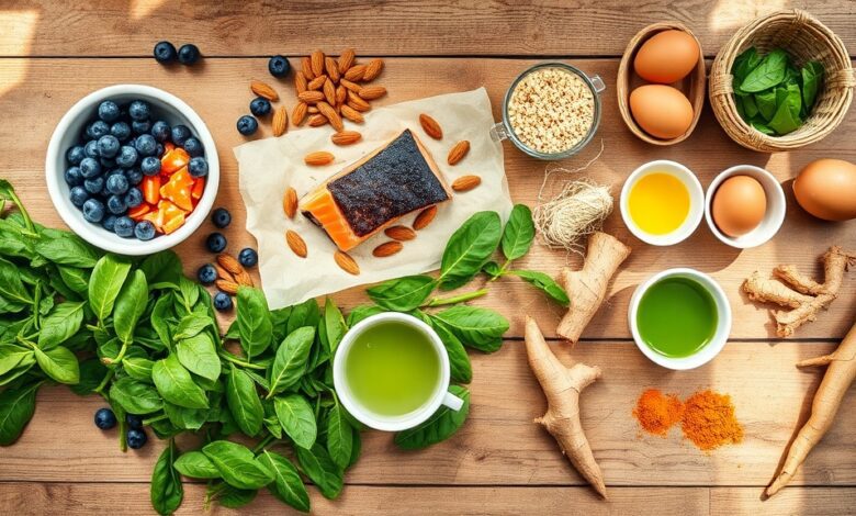 A vibrant assortment of superfoods to boost energy and immunity on a kitchen counter