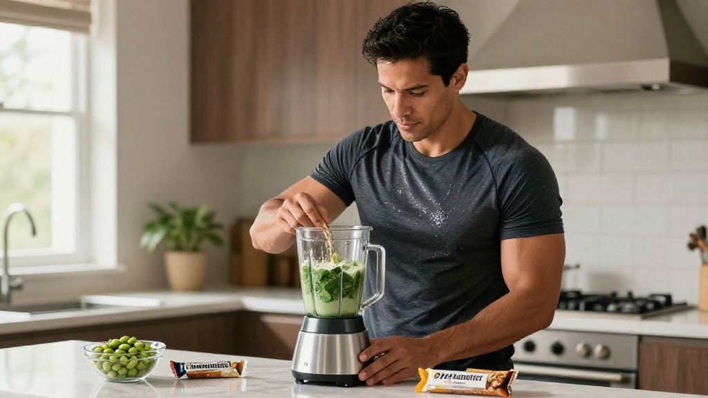 Healthy protein snacks being prepared by a man blending a post-workout protein smoothie in his kitchen.