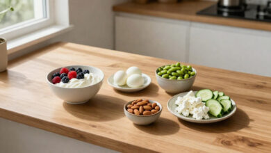 Healthy protein snacks including Greek yogurt, eggs, edamame, and almonds on a wooden counter.