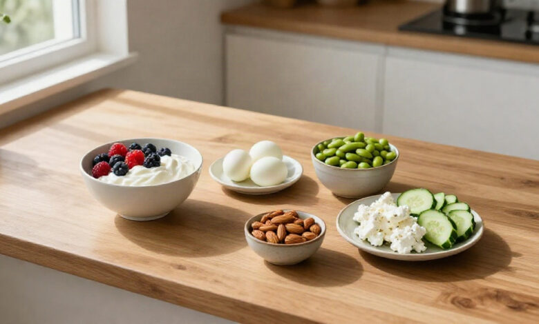 Healthy protein snacks including Greek yogurt, eggs, edamame, and almonds on a wooden counter.