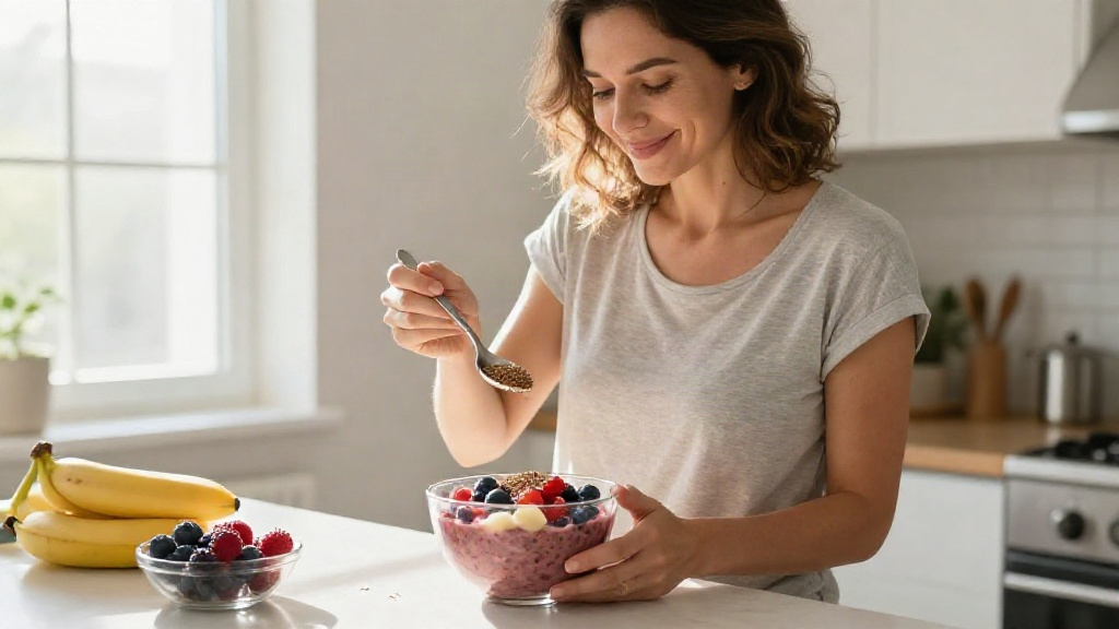 Adding Flax Seeds to a Smoothie Bowl Woman adding flax seeds to a colorful berry smoothie bowl in a modern kitchen.