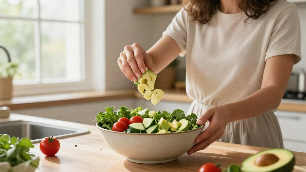Nutrition of hearts of palm illustrated by a woman adding sliced hearts of palm to a fresh salad.