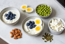 High protein snacks arranged beautifully on a marble kitchen counter with fresh whole foods.