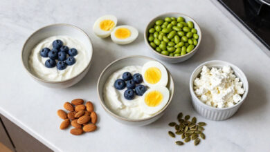 High protein snacks arranged beautifully on a marble kitchen counter with fresh whole foods.