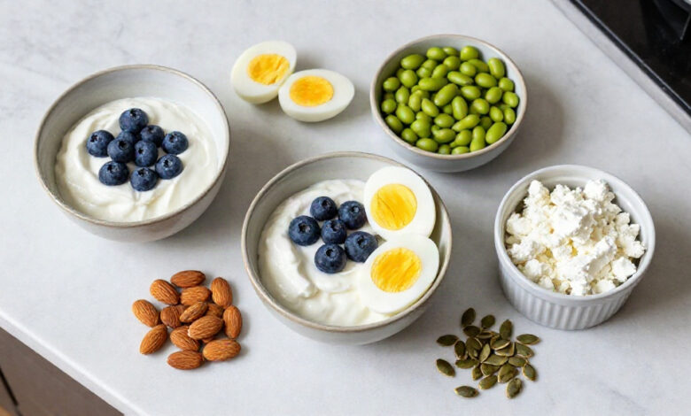High protein snacks arranged beautifully on a marble kitchen counter with fresh whole foods.