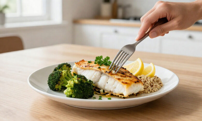 Nutritional information tilapia fillet represented by baked tilapia with broccoli and quinoa on a plate.