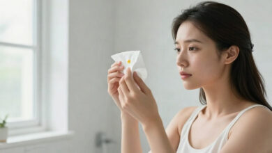 Mucus colours and meanings visualized as a person examines phlegm on a white tissue in a bathroom.