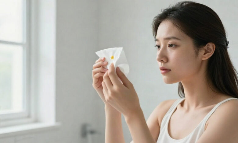 Mucus colours and meanings visualized as a person examines phlegm on a white tissue in a bathroom.