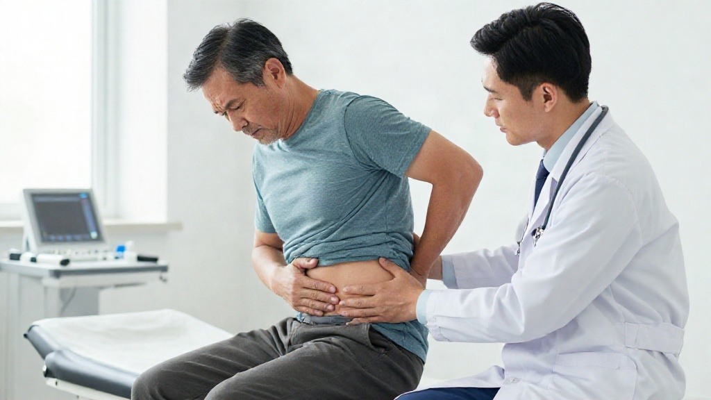 Doctor examining a patient with upper left abdominal pain in a modern clinic setting.