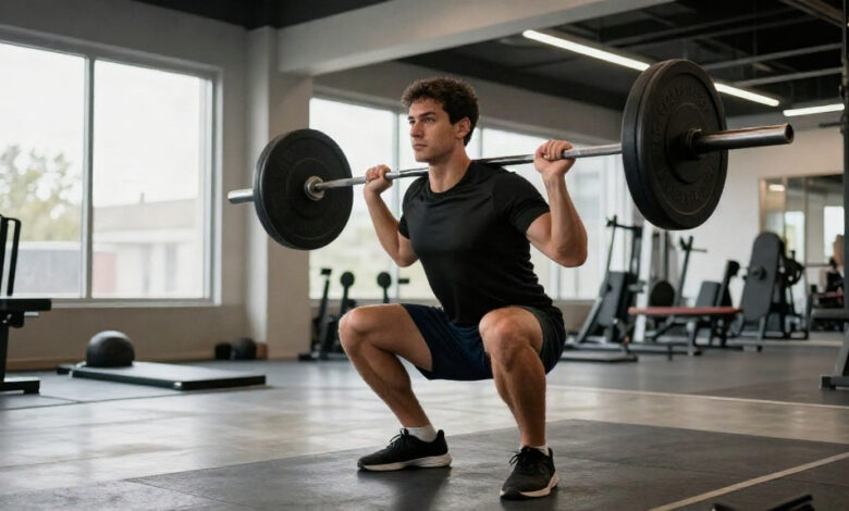An athlete following a cristiano ronaldo workout routine doing barbell squats in a gym