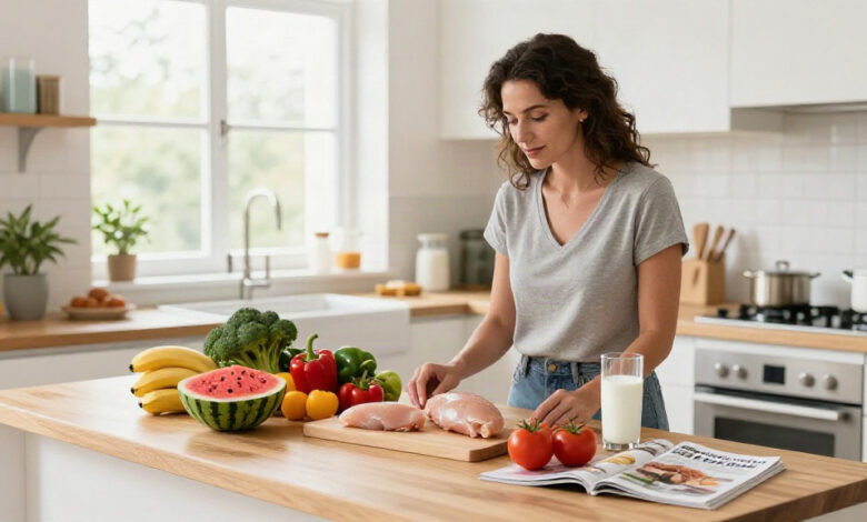 Diet plan gm represented by fresh fruits vegetables and lean proteins on a kitchen counter.