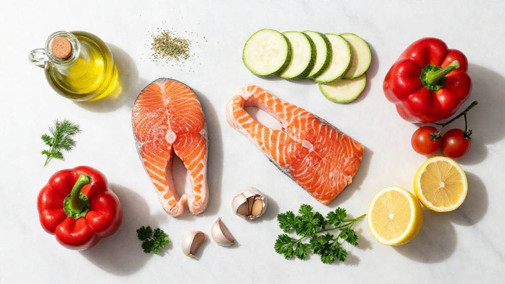 Fresh vegetables and salmon arranged on a marble surface for a high-protein dinner.
