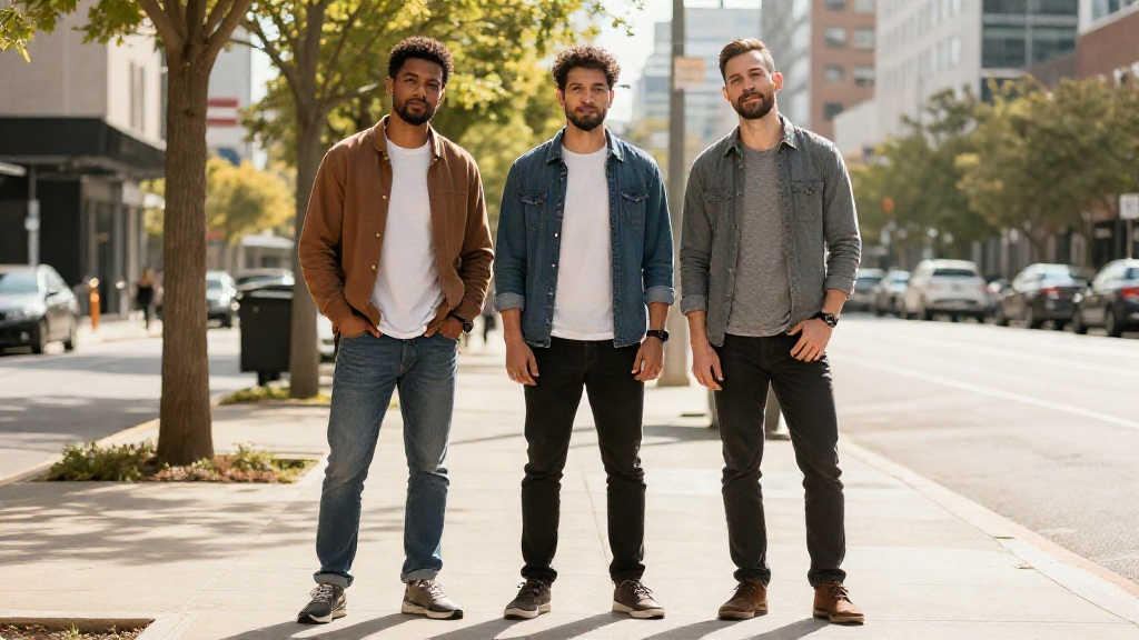 Average height for men varies visibly among three men of different ethnicities standing together on a city sidewalk