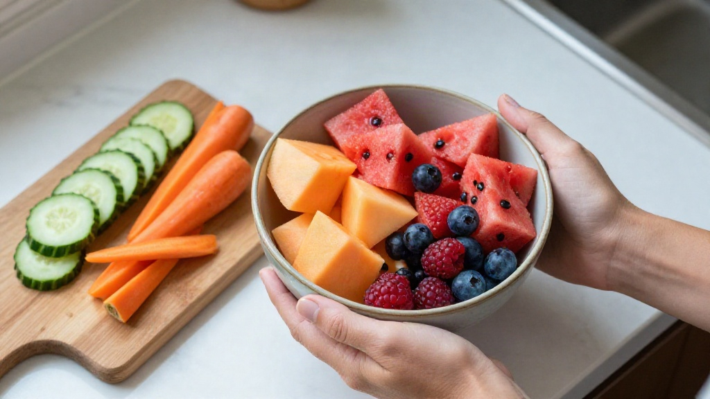 Diet plan gm fruit and vegetable days shown with a bowl of fresh mixed produce.