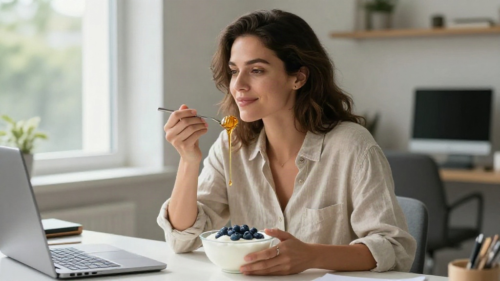 Woman enjoying high protein snacks like Greek yogurt for appetite control at her desk.