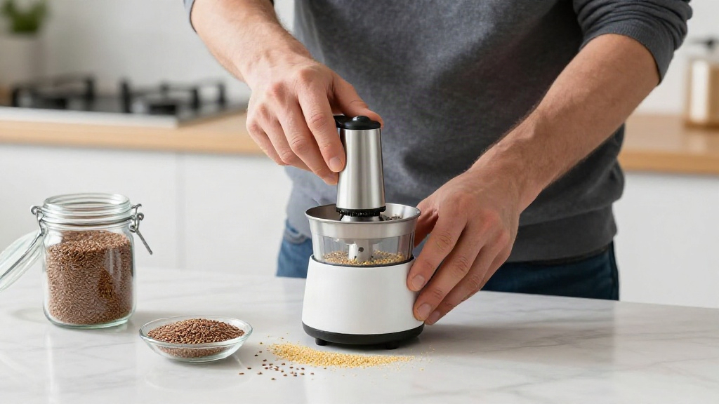 Grinding Flax Seeds for Maximum Freshness Man grinding whole flax seeds into fresh meal using an electric seed grinder.