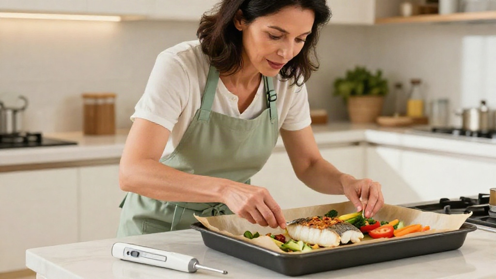 Nutritional information tilapia fillet shown by a woman baking seasoned fish with vegetables.