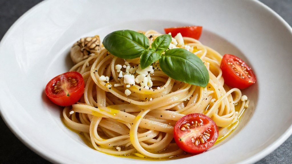 Nutrition of hearts of palm represented by a bowl of hearts of palm linguine pasta with fresh tomatoes and basil.