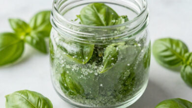 Homemade basil salt in a small glass jar with fresh basil leaves
