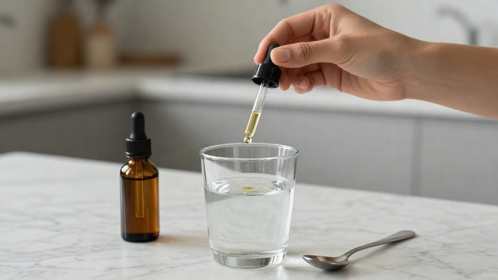 Diluting oregano oil drops into a glass of water for safe internal use.