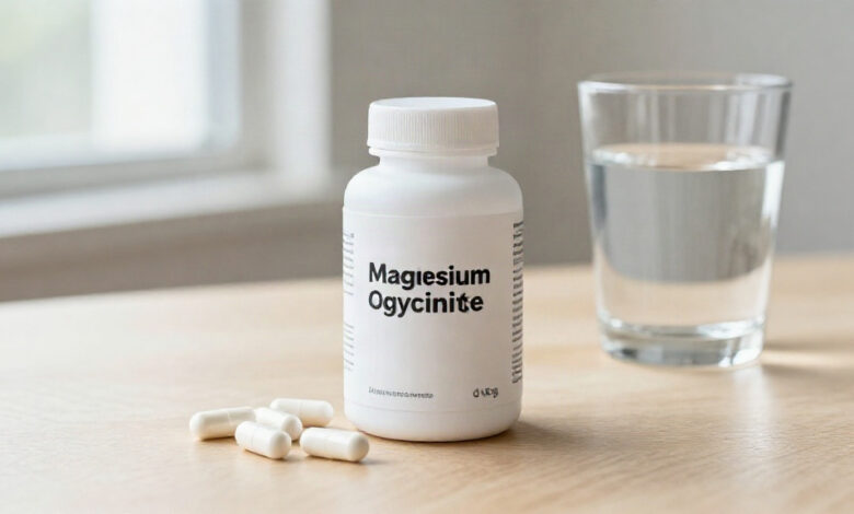 Magnesium glycinate supplement bottle with white capsules scattered on a wooden table