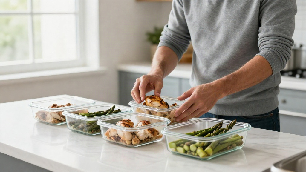 What to eat on keto demonstrated by a man meal prepping keto meals in a bright kitchen.