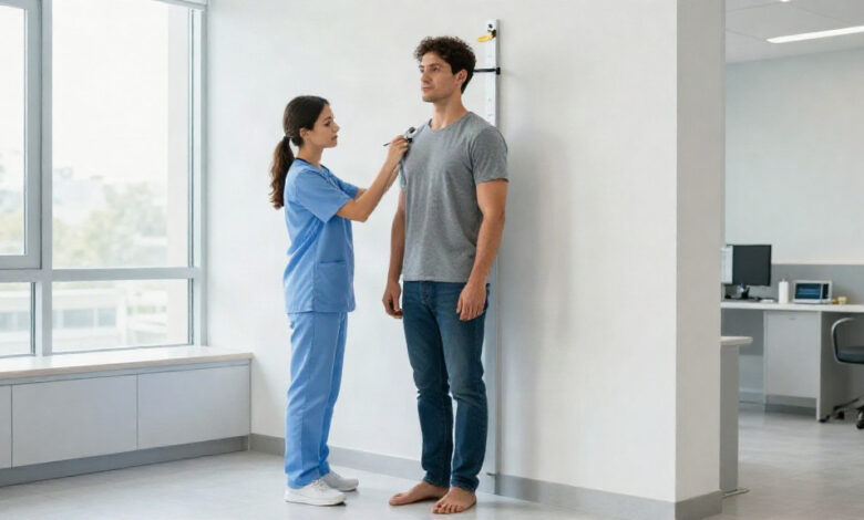 Average height for men measured accurately with a wall-mounted stadiometer in a modern health clinic