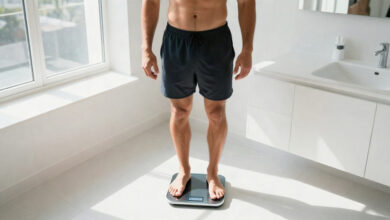 Body fat percentage measurement shown on a modern smart scale in a bright bathroom.