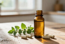 Oregano oil bottle with capsules and fresh oregano sprigs on a wooden table.