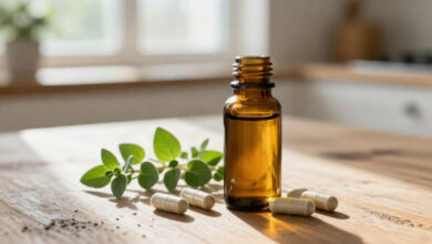 Oregano oil bottle with capsules and fresh oregano sprigs on a wooden table.