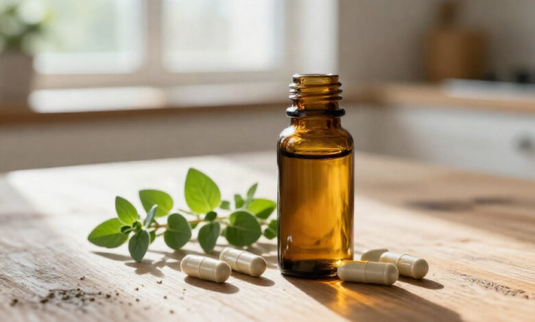 Oregano oil bottle with capsules and fresh oregano sprigs on a wooden table.