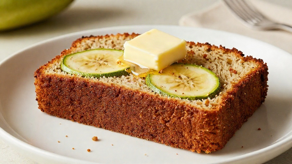 Slice of moist banana zucchini bread topped with melting butter on a ceramic plate