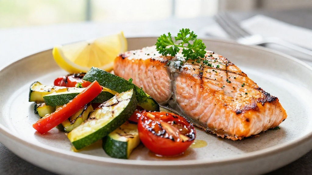Served salmon with roasted vegetables on a white plate, a healthy high-protein meal.