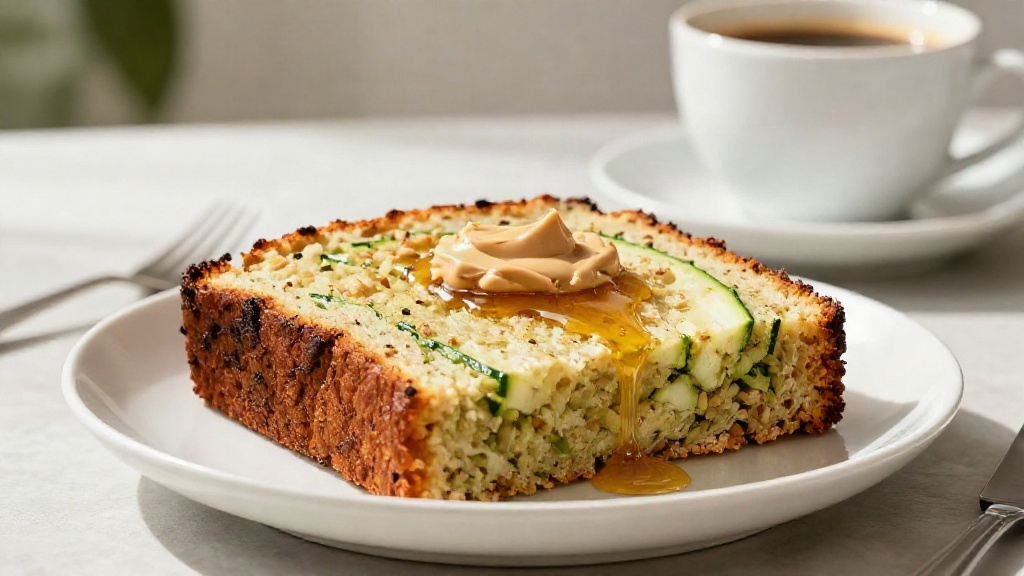 A thick slice of toasted whole wheat zucchini bread topped with honey and almond butter on a white plate, coffee in background.