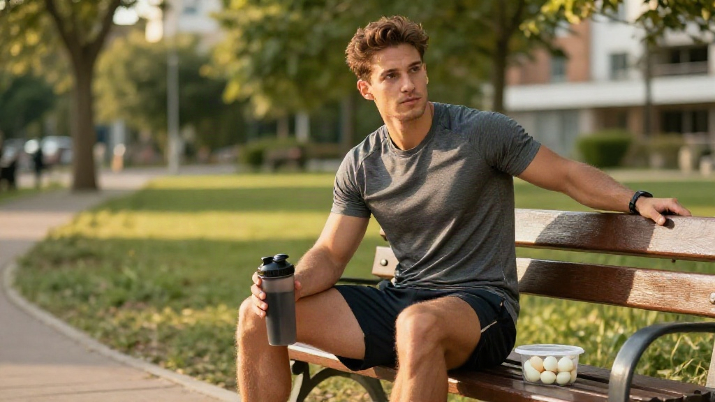 Man consuming high protein snacks for muscle recovery after outdoor exercise session.