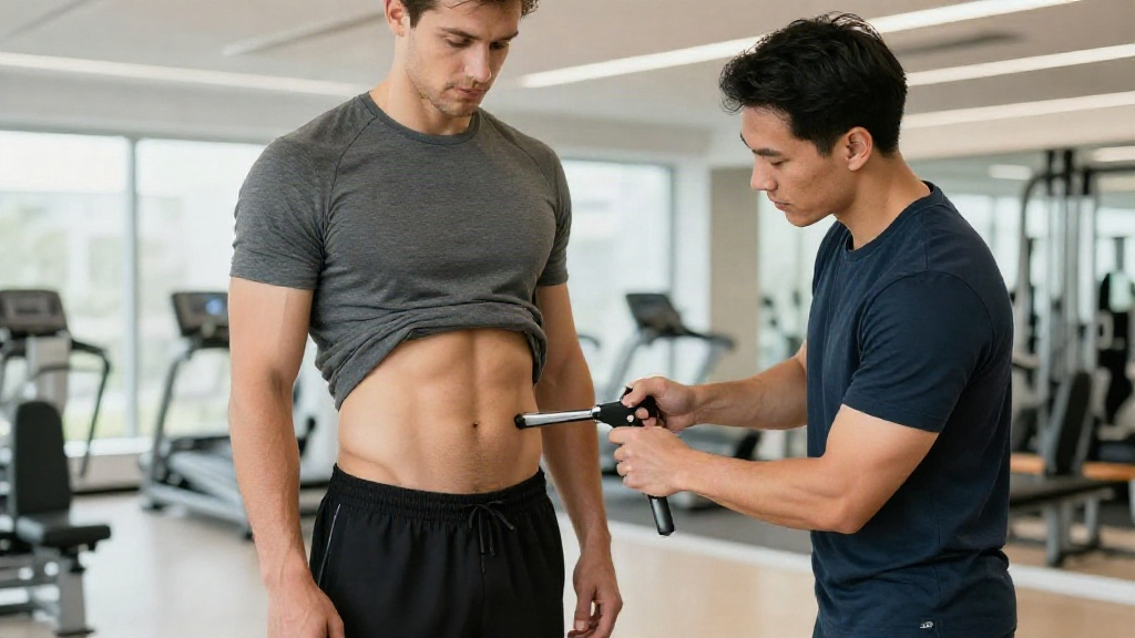 Body fat percentage assessment using skinfold calipers on a client in a gym setting.