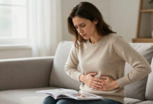 Woman experiencing upper left abdominal pain while sitting on a modern sofa at home.