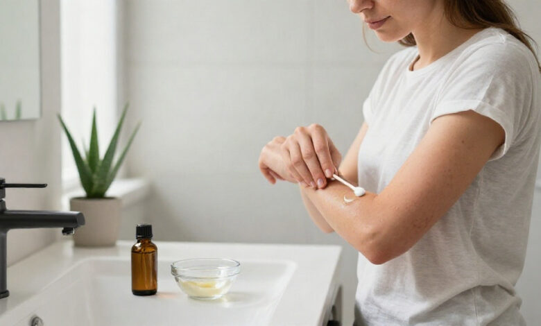 Tea tree on eczema shown through a woman patch testing diluted oil on her forearm.