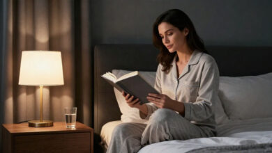 A night routine represented by a woman reading a physical book in dim light.