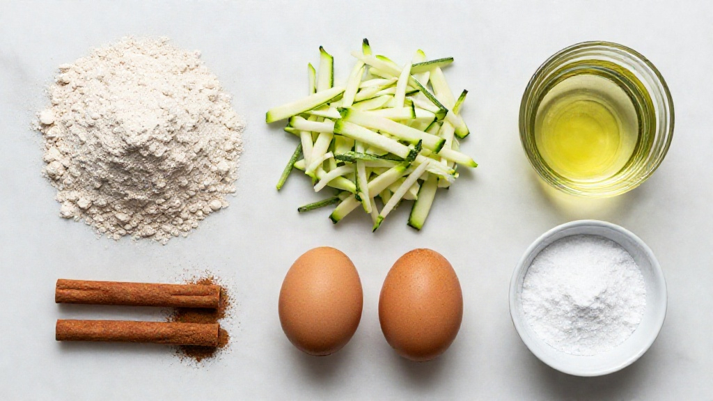 Ingredients for healthy zucchini bread arranged on a marble surface