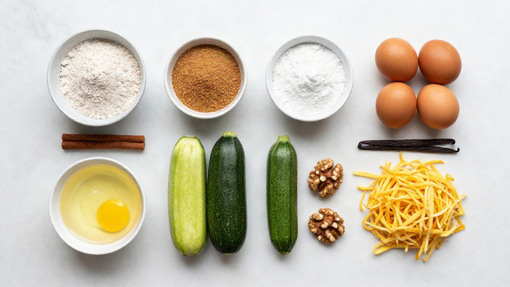 Top-down view of whole wheat flour, eggs, zucchini, coconut sugar, and other ingredients neatly arranged on a marble surface.